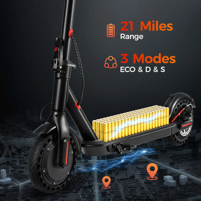 Electric Scooter, 19 MPH Max Speed, 21 Miles Range, 350W Motor, Long Range Battery, 8.5'' Solid Tires, Climbable, Dual Brakes, App, Foldable Portable Commuter Scooter, Perfect Gift for Adults Teens